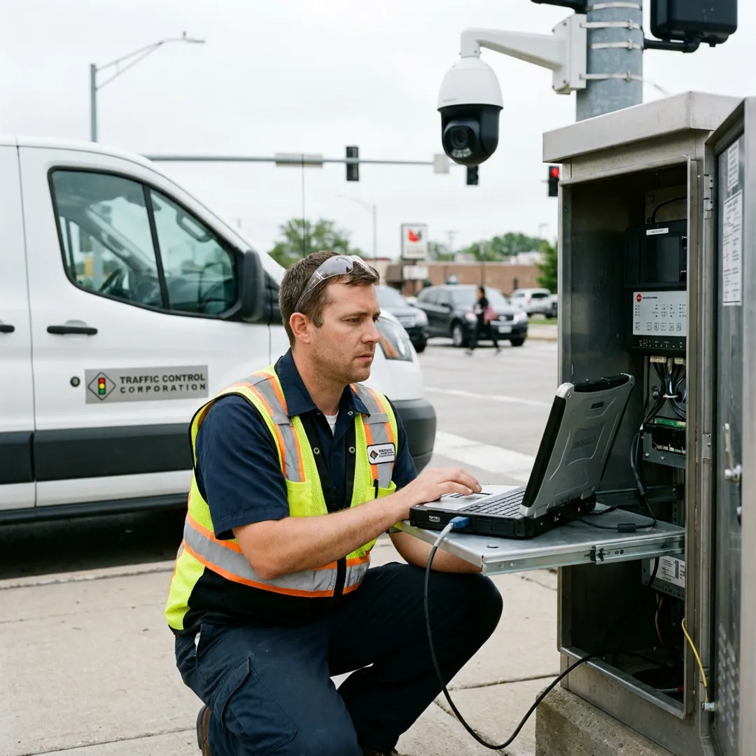 Technician commissioning traffic camera detection system