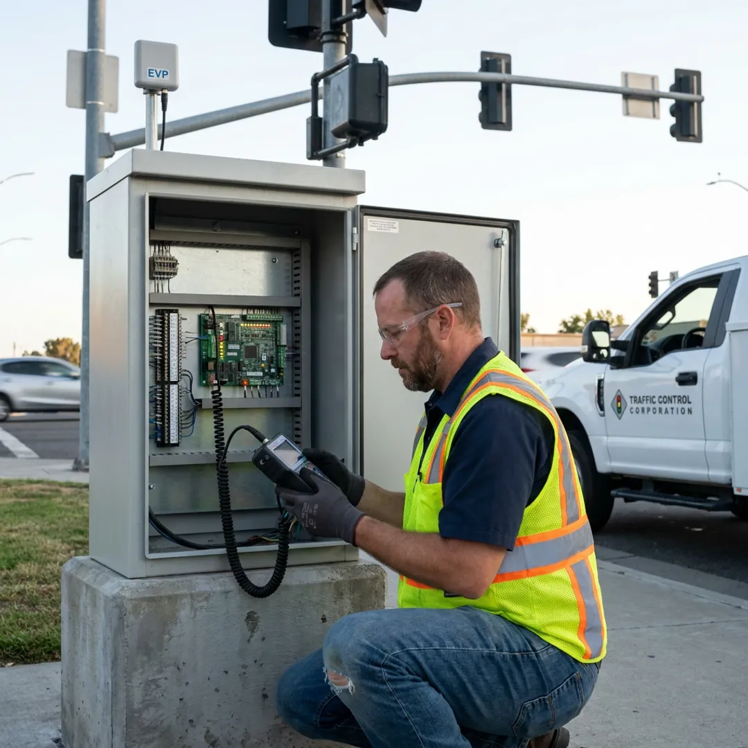 Technician testing emergency vehicle preemption equipment