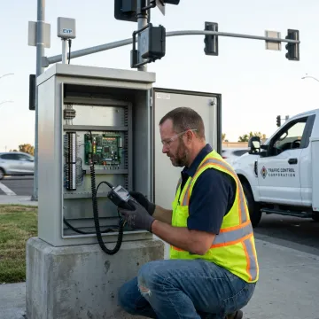 Technician testing emergency vehicle preemption equipment
