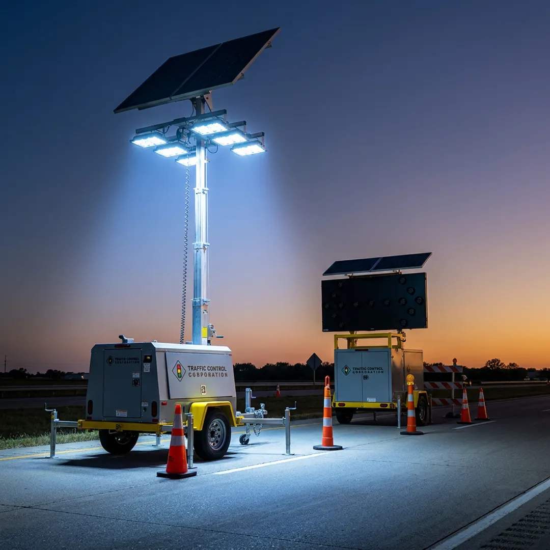 Solar light tower lighting a work zone
