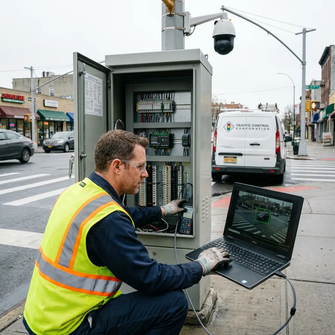 Technician reviewing PTZ traffic camera system