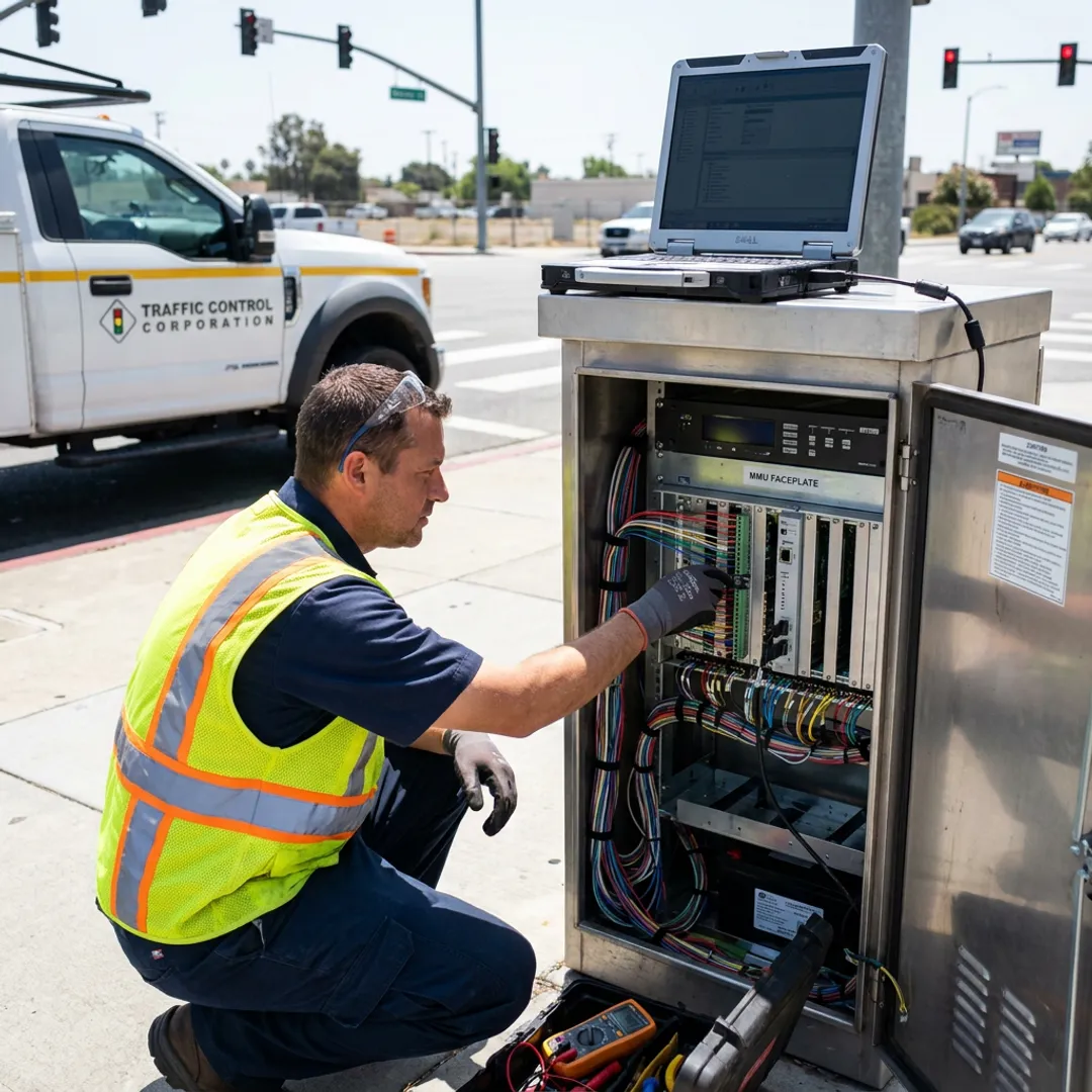 Technician servicing traffic signal cabinet