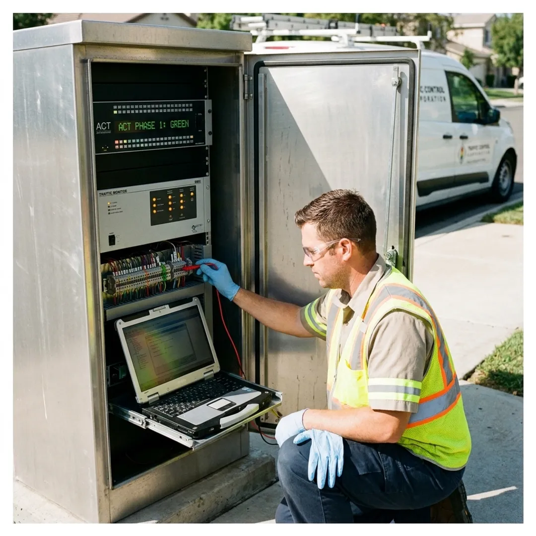 Technician inspecting an ATC cabinet