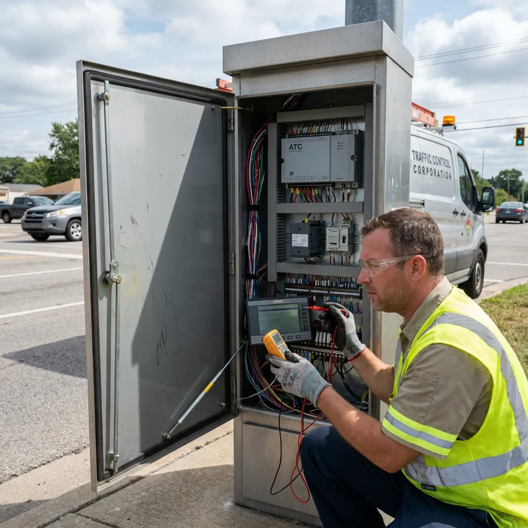 Technician testing traffic signal cabinet components