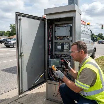 Technician testing traffic signal cabinet components