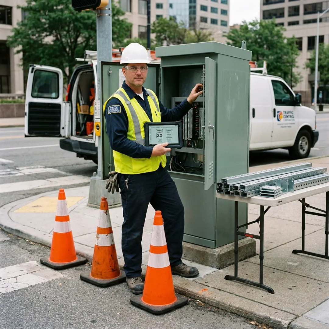 Technician reviewing roadway speed limit sign plans
