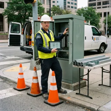 Technician reviewing roadway speed limit sign plans