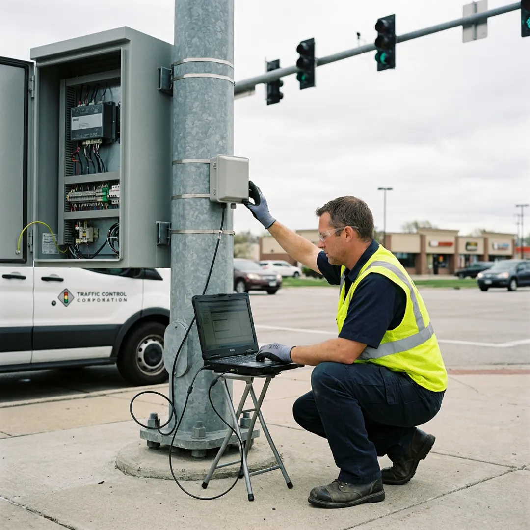 Technician calibrating roadside radar detection equipment