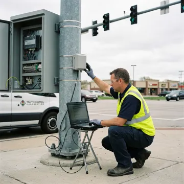 Technician calibrating roadside radar detection equipment