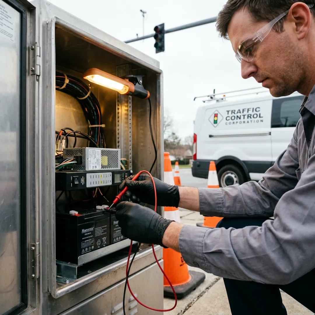 Technician testing traffic cabinet power equipment