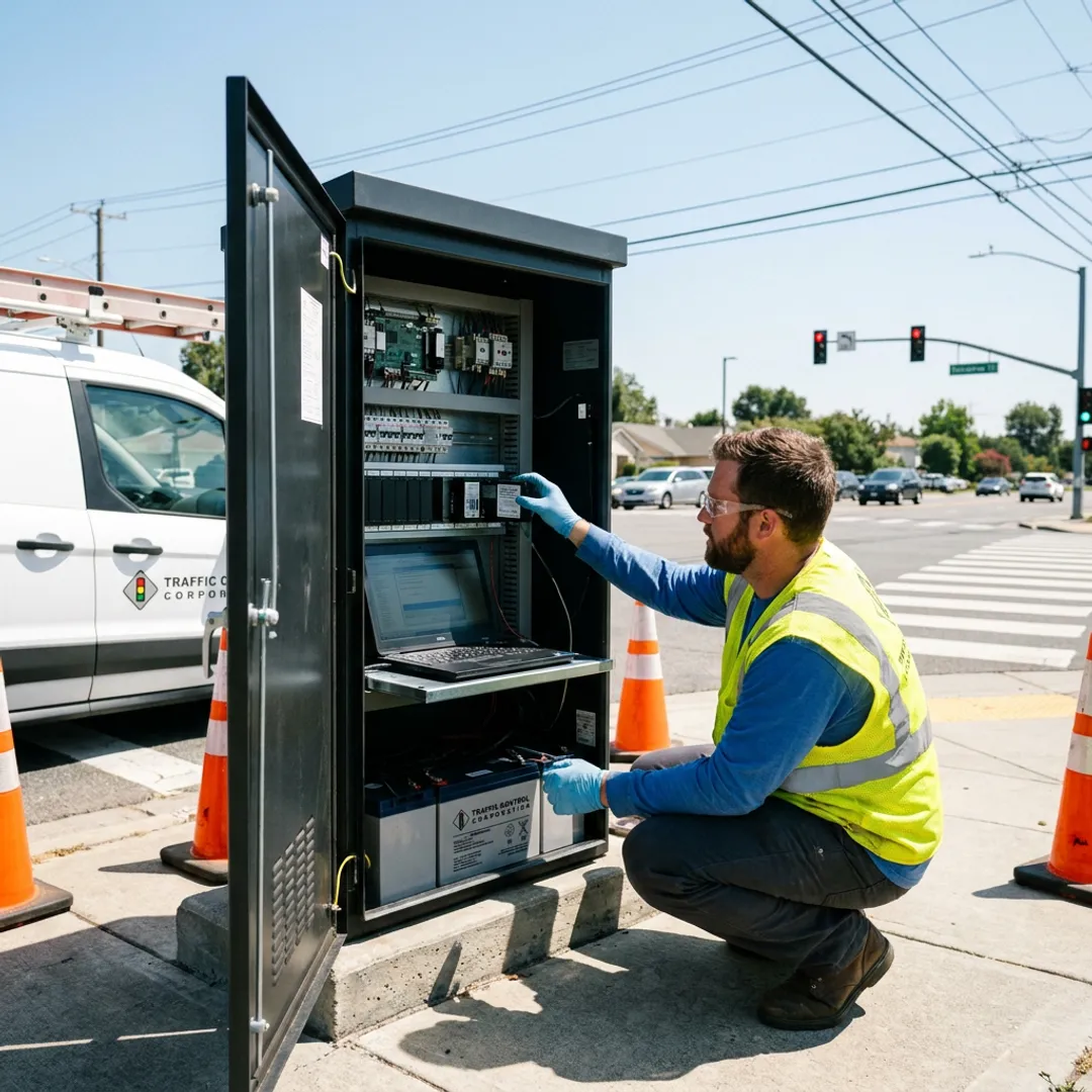 Technician configuring traffic cabinet monitoring equipment