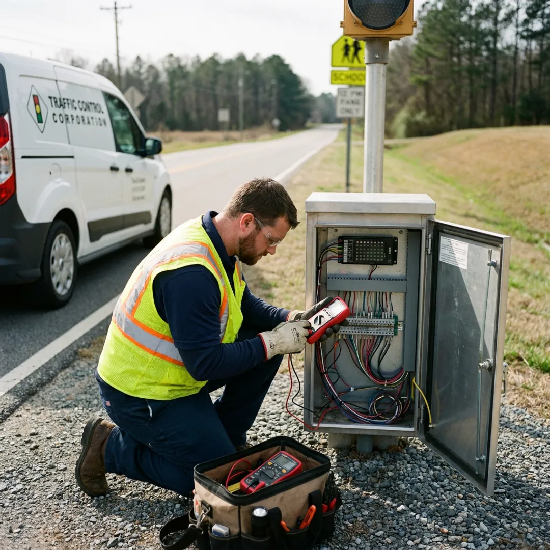Technician testing flashing beacon control cabinet