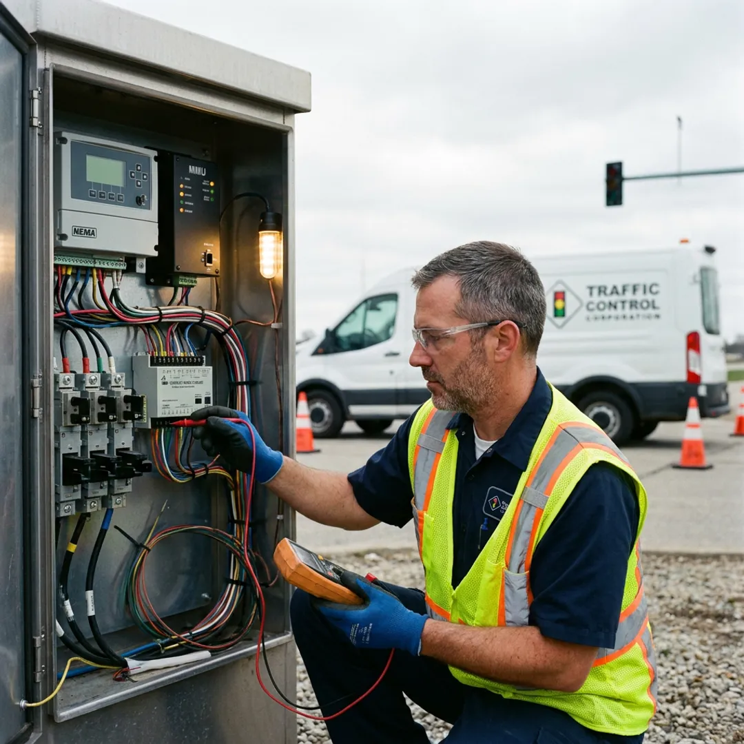 Technician inspecting a traffic control walk-in enclosure