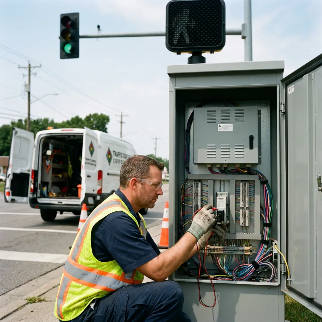 Technician inspecting traffic signal controller cabinet