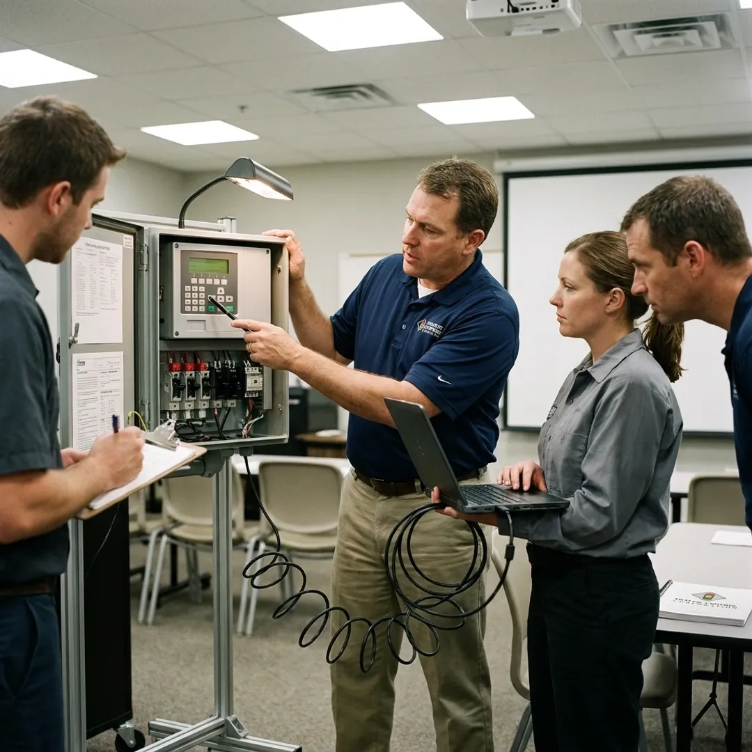 Traffic signal instructor training technicians on controller programming