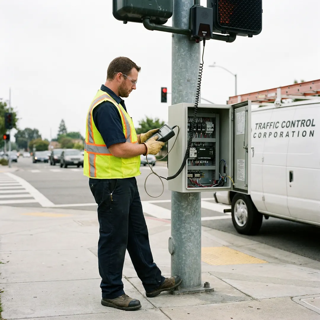 Technician testing emergency vehicle preemption at signal cabinet