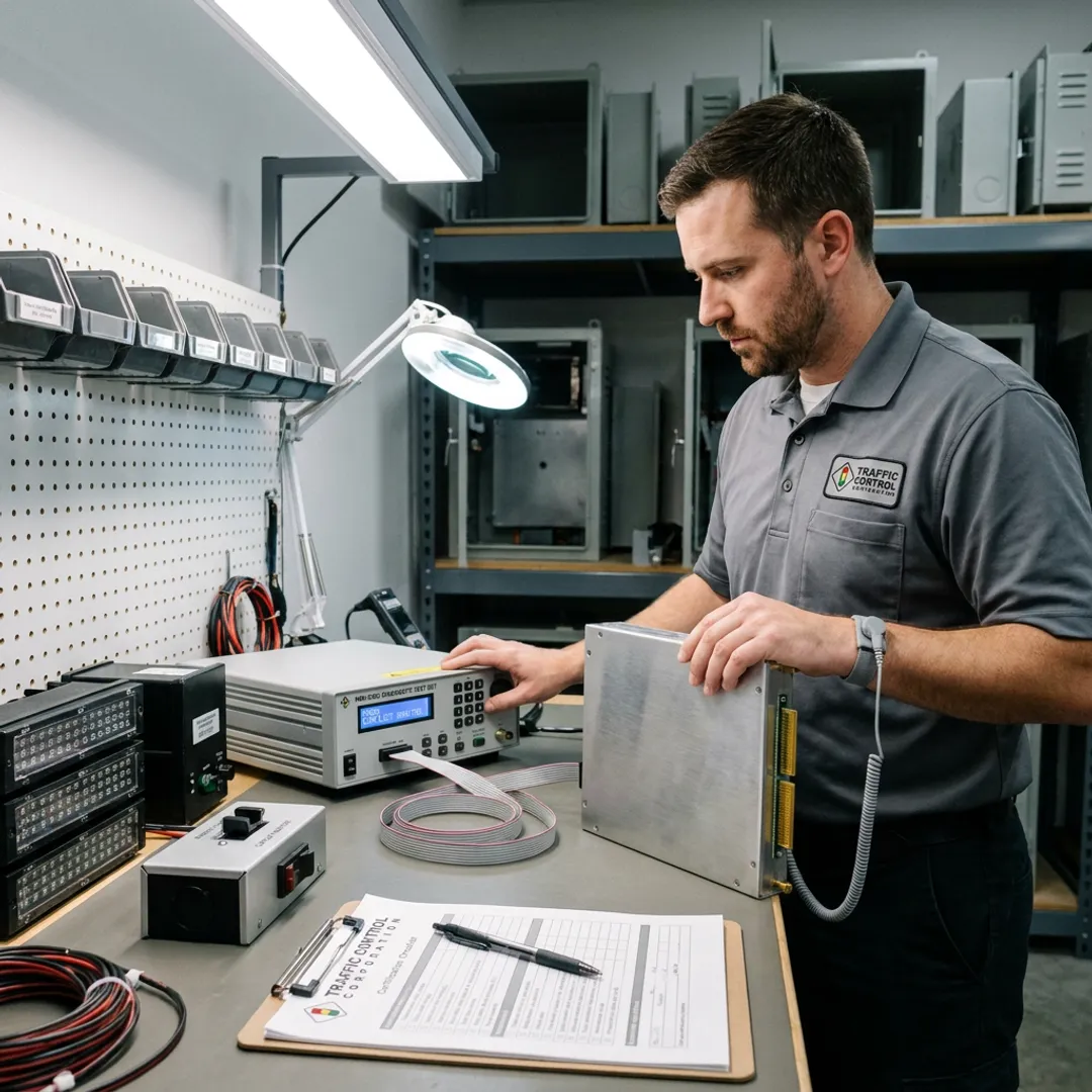 Technician testing a traffic signal malfunction monitor unit