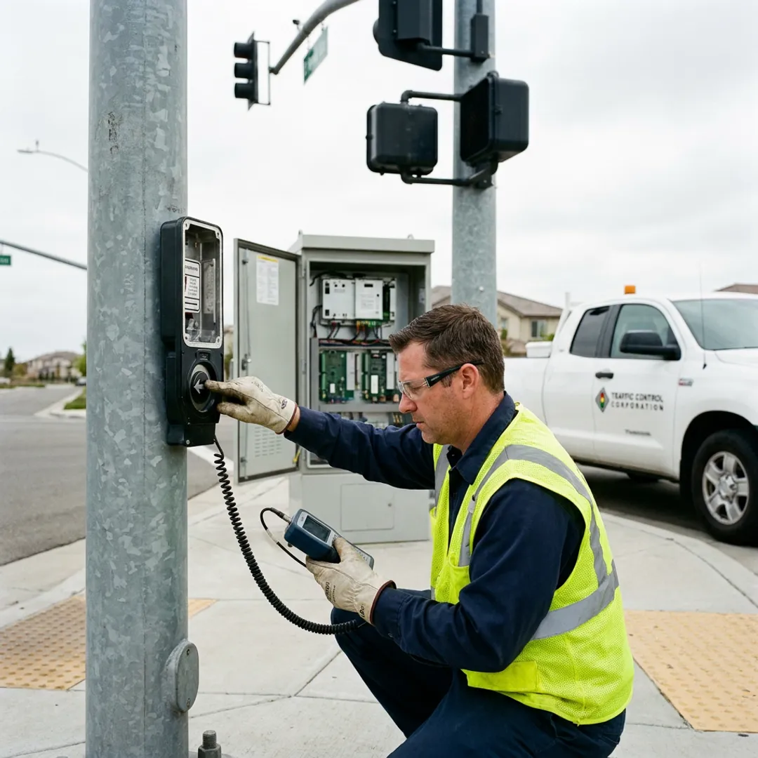 Technician testing accessible pedestrian signal