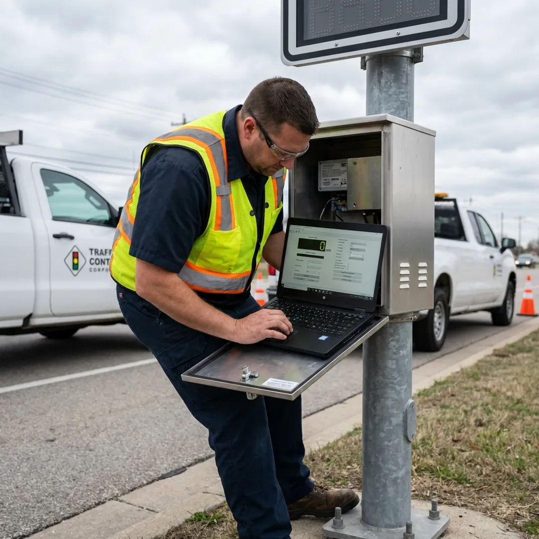 Technician reviewing radar speed sign settings