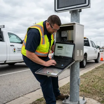 Technician reviewing radar speed sign settings