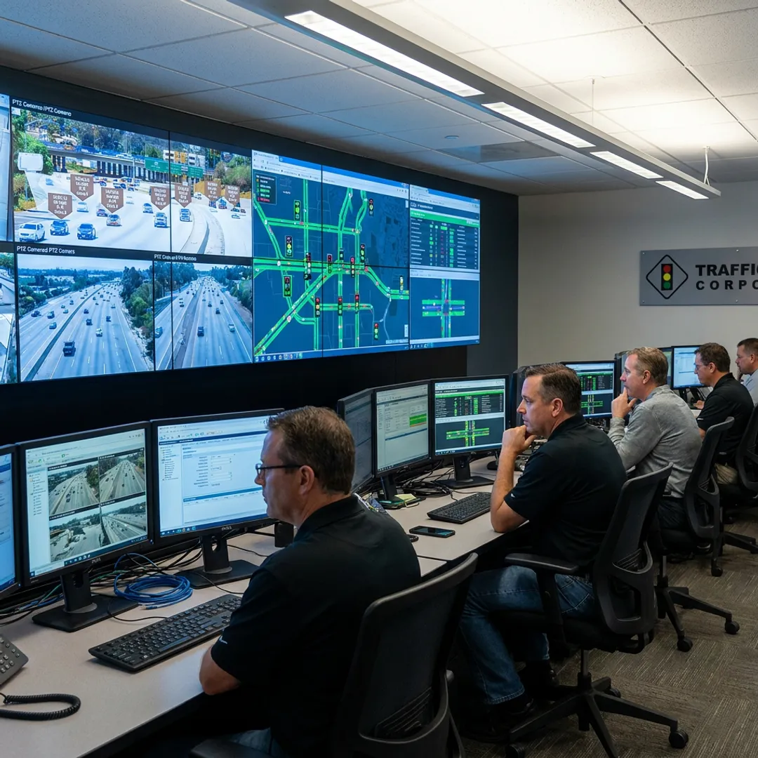 Traffic management operations center with roadway monitoring screens