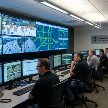 Traffic management operations center with roadway monitoring screens