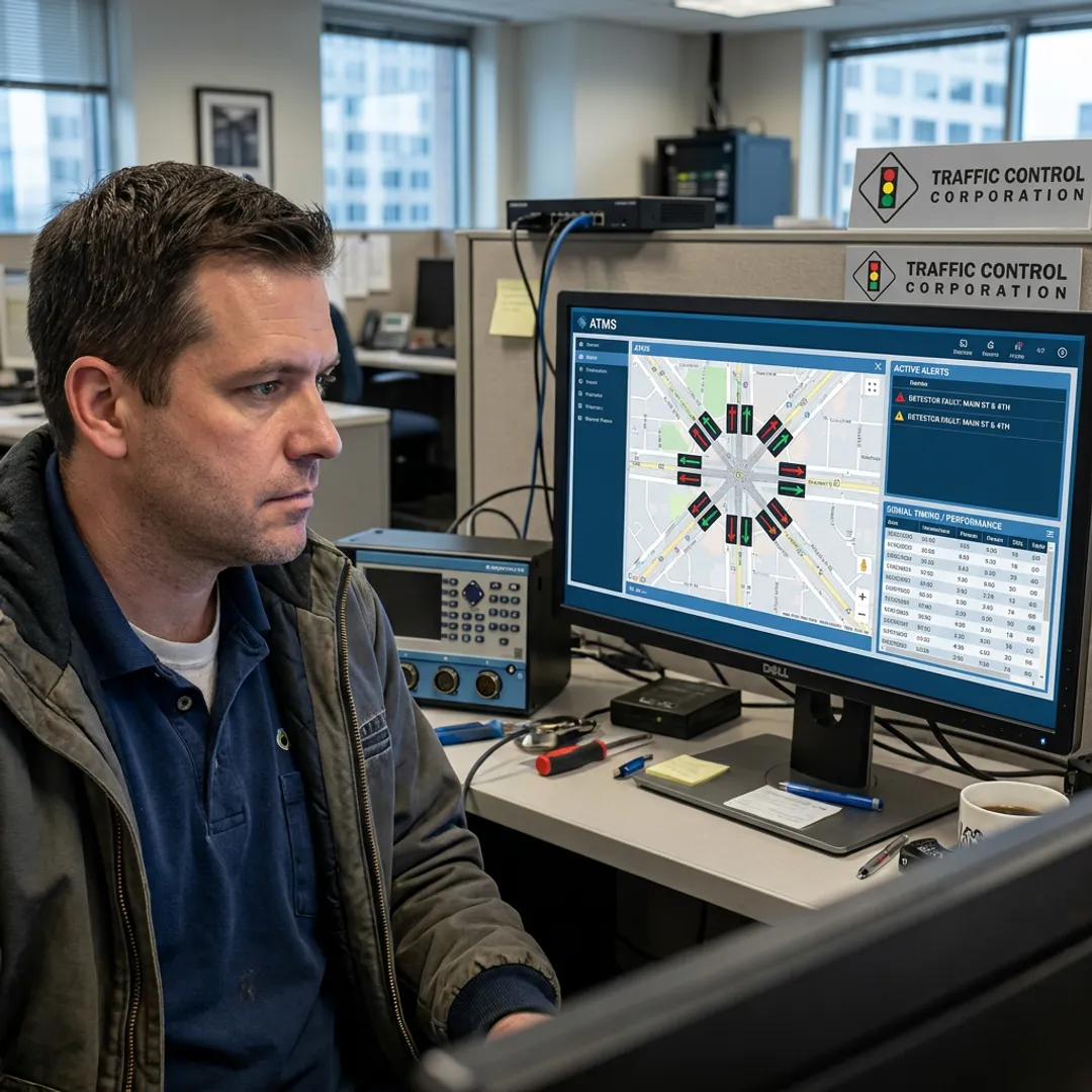 Technician reviewing traffic management software