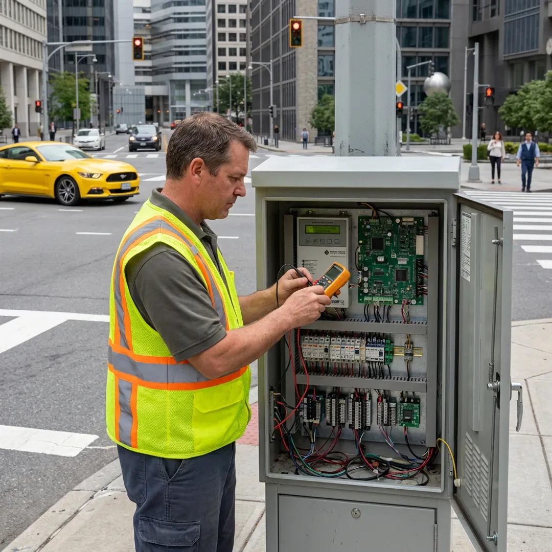 Technician testing emergency vehicle preemption equipment