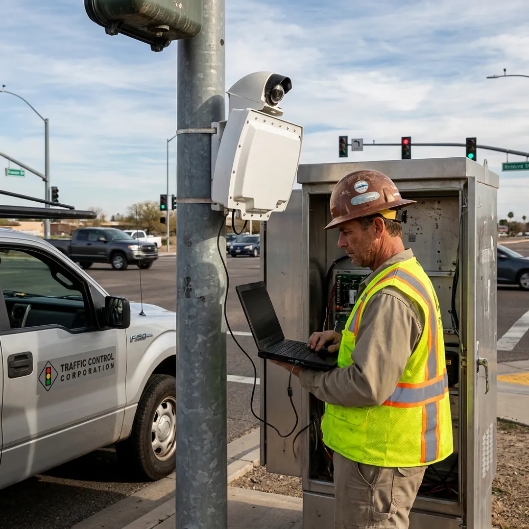 Technician calibrating vehicle detection equipment