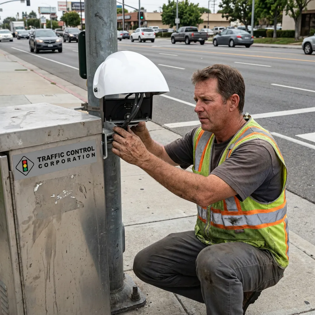 Technician configuring traffic speed monitoring equipment
