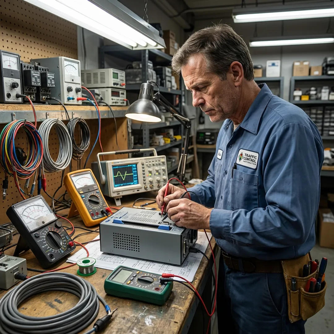 Technician testing a conflict monitor unit