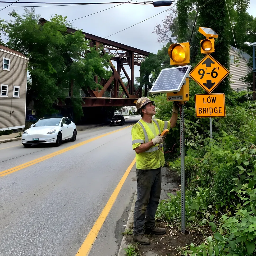 Technician checking a solar powered warning beacon