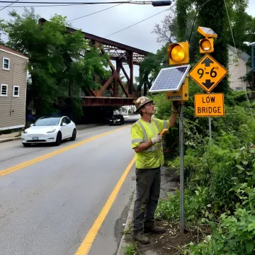 Technician checking a solar powered warning beacon