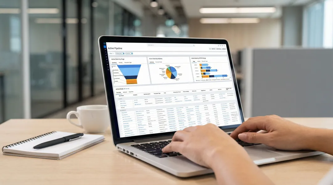 Corporate development team using CRM deal tracking software on laptop screen