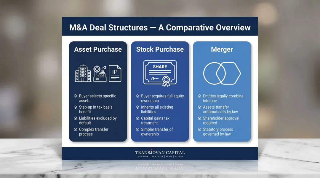 Three core M&amp;A deal structures asset stock and merger comparison infographic
