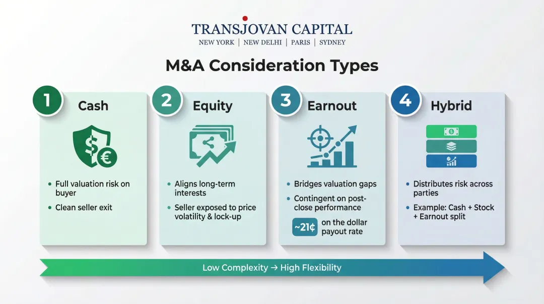 Four M&amp;A deal consideration types cash equity earnouts and hybrid structures compared