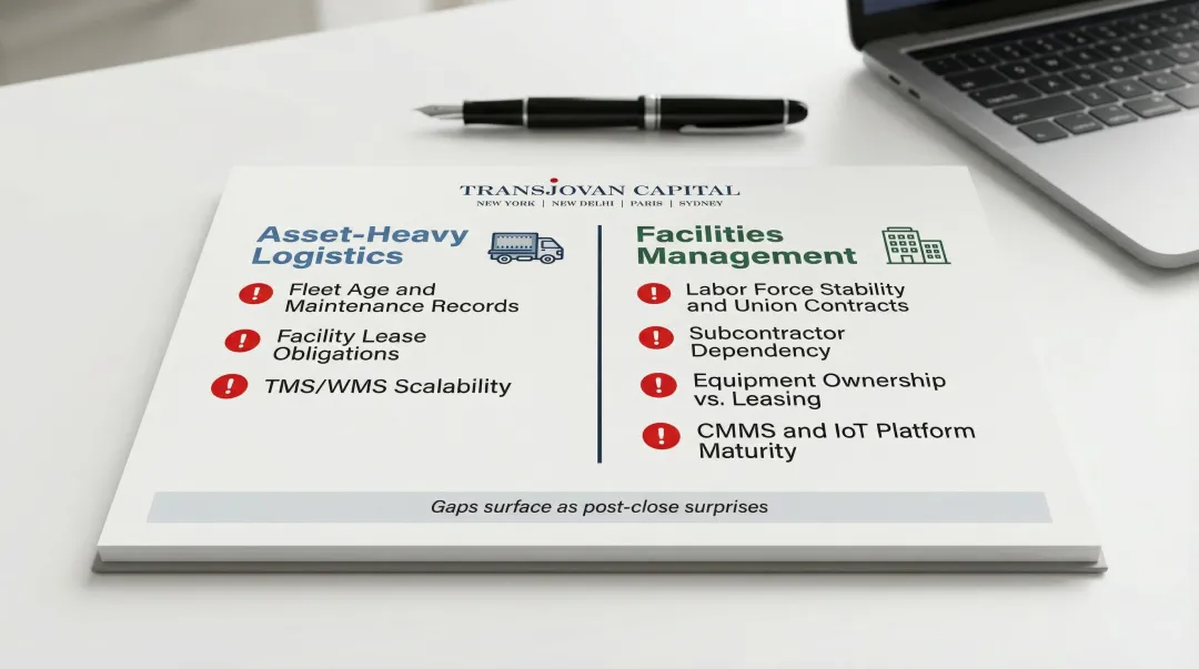 Sector-specific due diligence checklist comparing logistics versus facilities management key risk areas