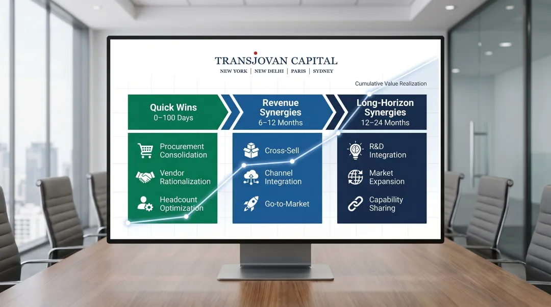 Three-phase PMI synergy capture timeline from quick wins to long-horizon integration milestones
