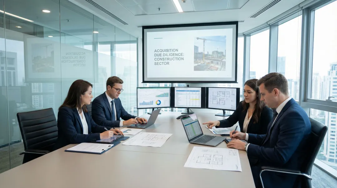 Corporate development advisory team conducting construction sector acquisition due diligence review