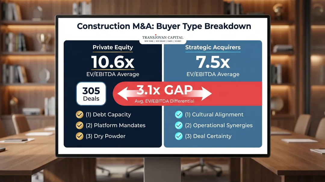 Private equity versus strategic acquirer EV EBITDA multiples comparison construction M&amp;A
