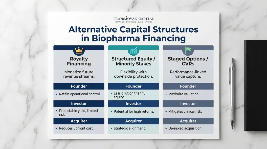Alternative biopharma capital structures royalty financing minority stakes staged options comparison