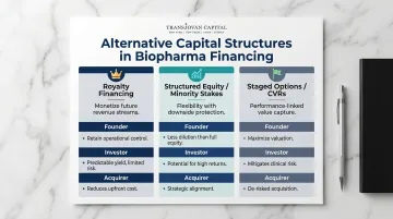 Alternative biopharma capital structures royalty financing minority stakes staged options comparison