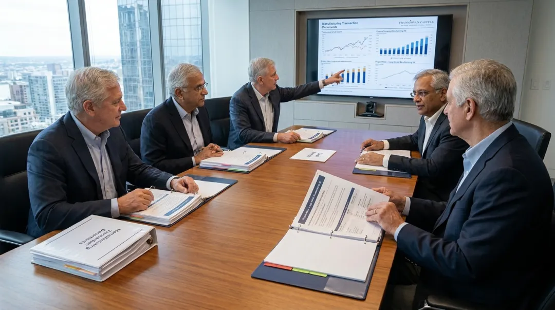 Transjovan Capital advisory team discussing manufacturing M&A transaction strategy