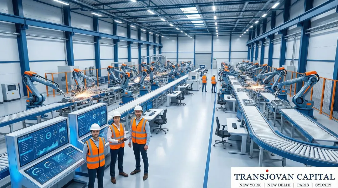 Automated robotic assembly line replacing manual labor in modern industrial manufacturing facility