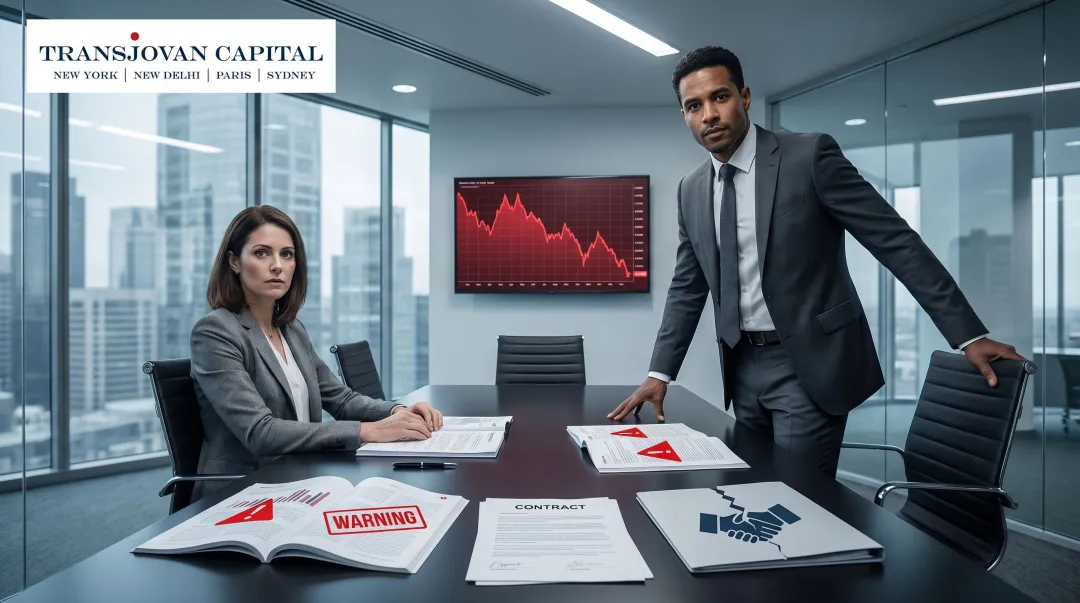 Failed M&A deal showing collapsed negotiation with documents and financial loss indicators