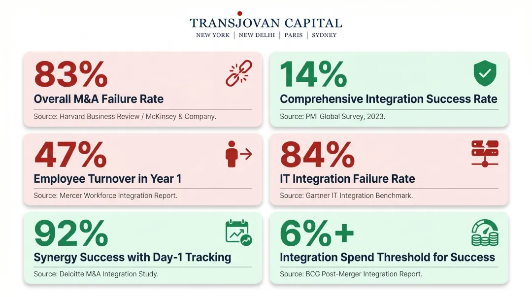 Six key post-merger integration failure statistics comparison table infographic