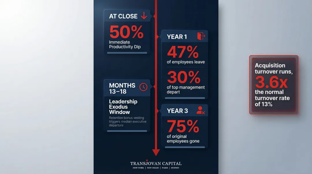 Post-merger employee turnover and productivity decline statistics timeline infographic