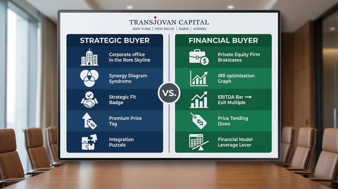 Strategic versus financial buyer M&amp;A priorities comparison infographic side-by-side