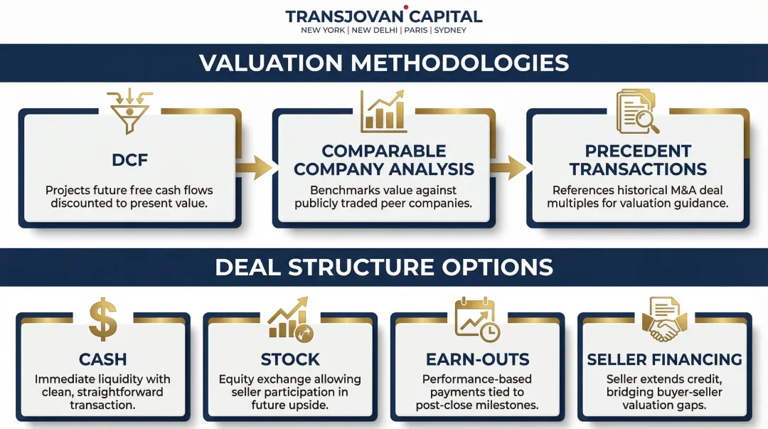 Buy-side M&amp;A valuation methods and deal structure options four-quadrant infographic