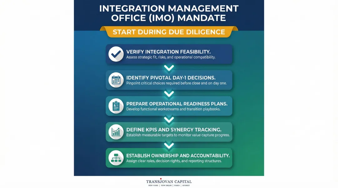 Integration Management Office five-mandate process flow post-merger integration infographic